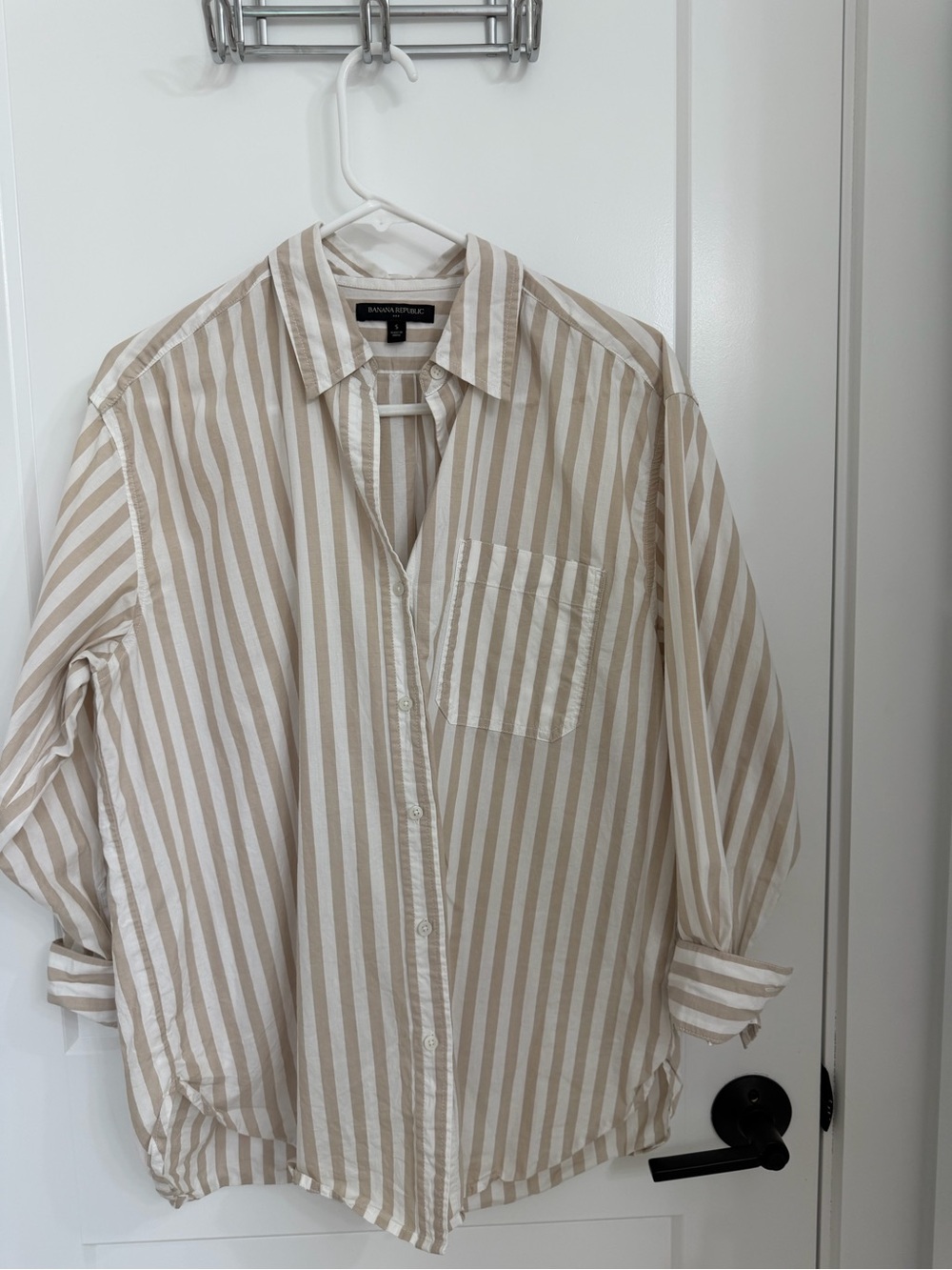 Banana Republic Beige and White Vertical Stripe Button-Up Shirt